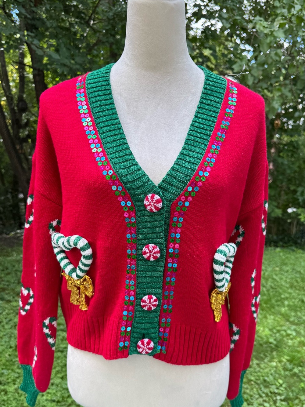 Jolly Sweater Red & Green Candy Cane Holiday Cardigan Size Small